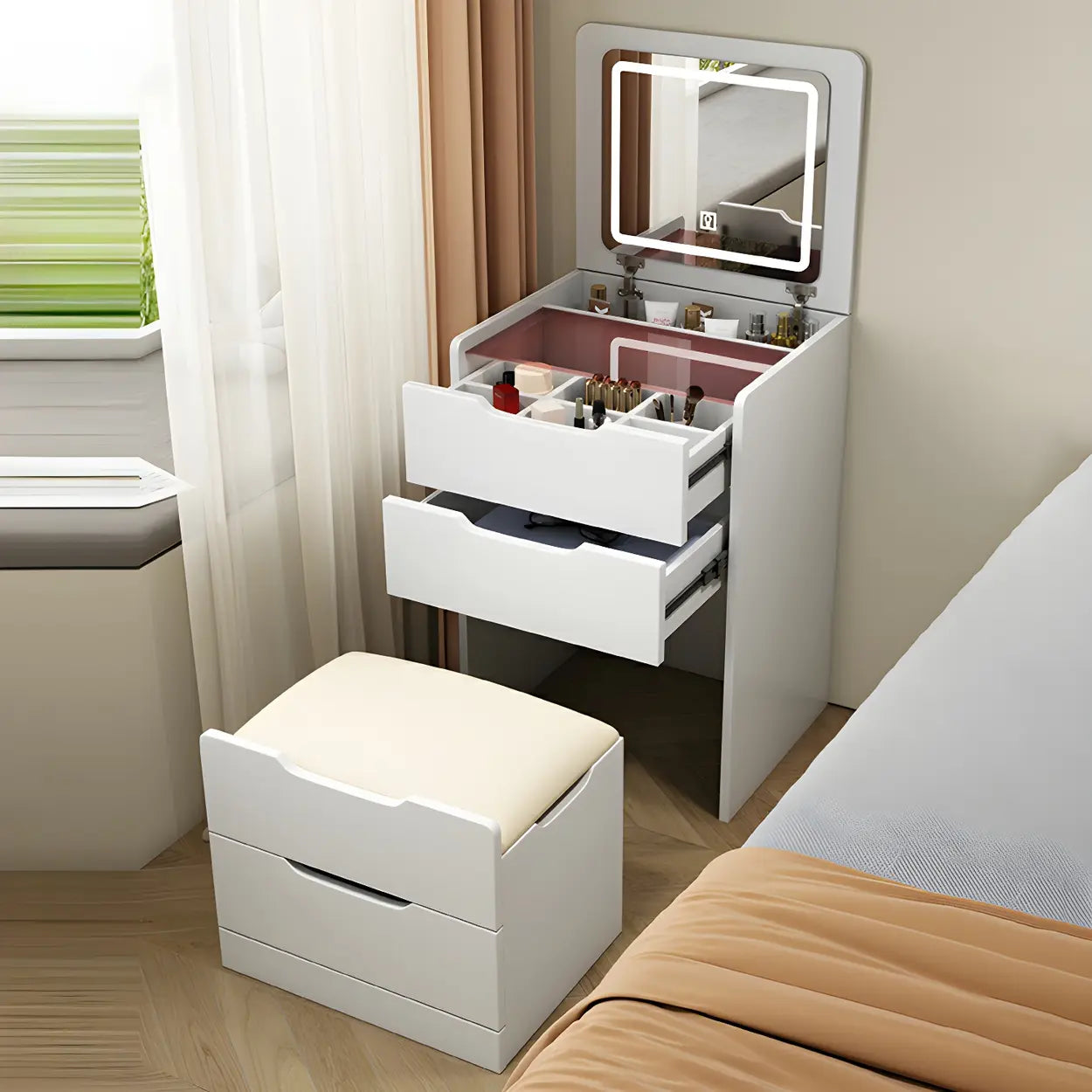 Small White Wood Vanity with Mirror — Makeup Vanity & Mirror & Stools / Lighted Mirror