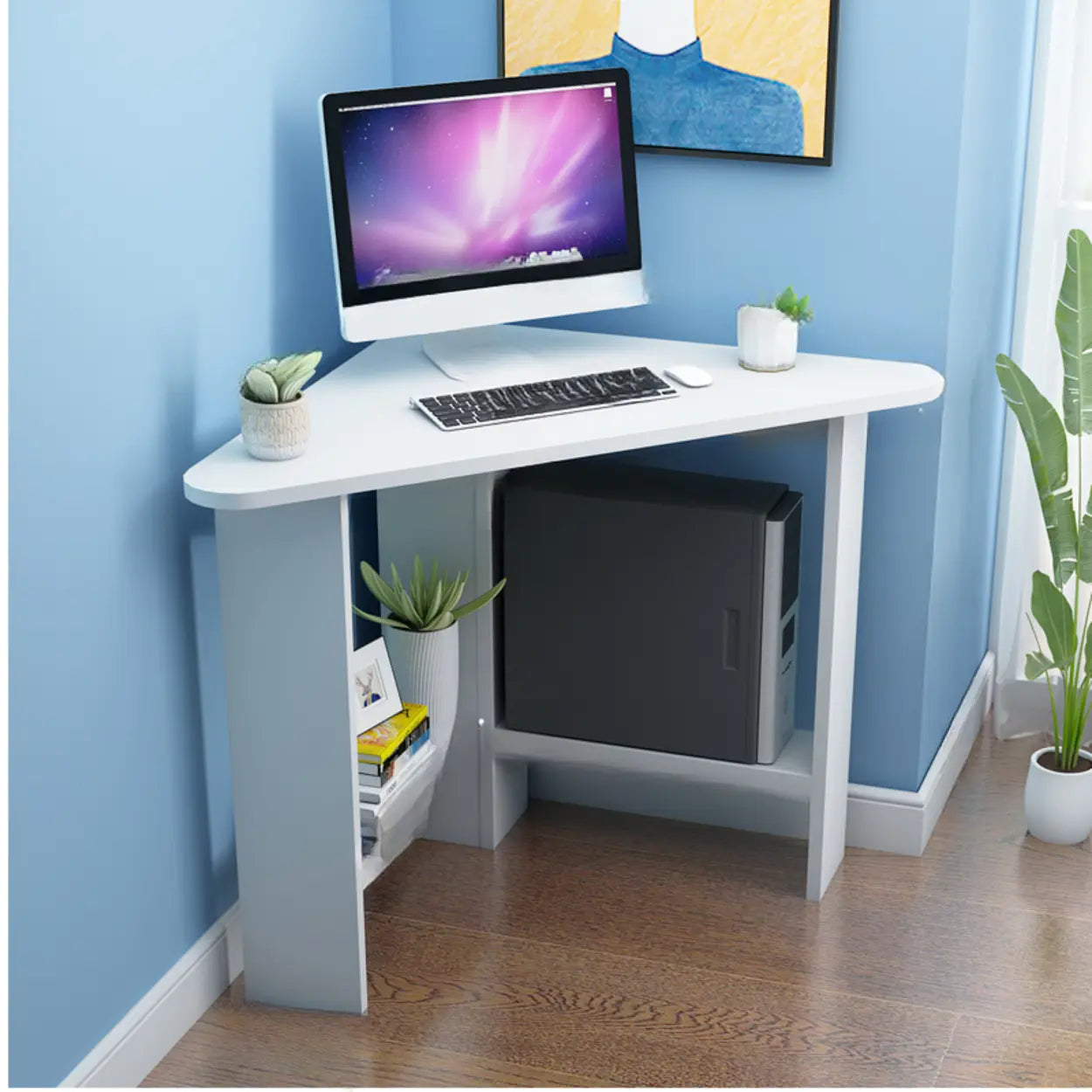 Small Wood Triangle Corner Computer Desk — White / Table Only