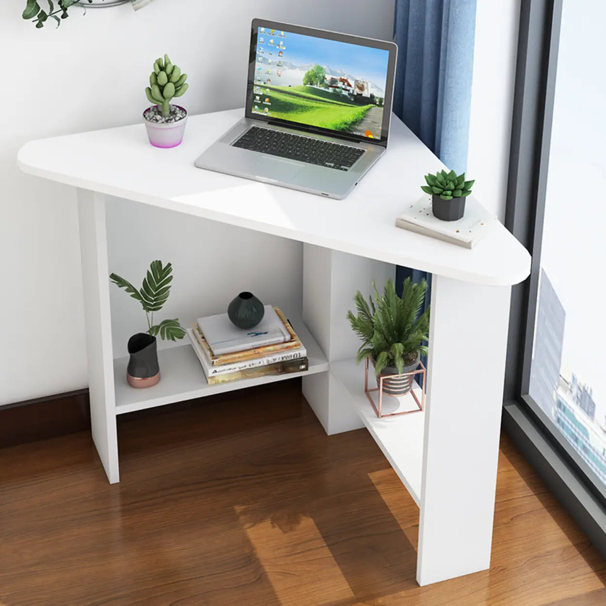 Small Wood Triangle Corner Computer Desk — Light Walnut / Table Only