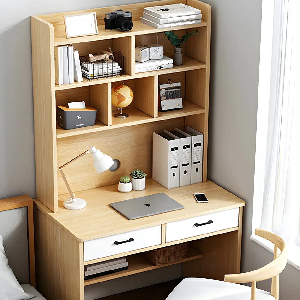 Small Wood H-Base Credenza Desk with Hutch