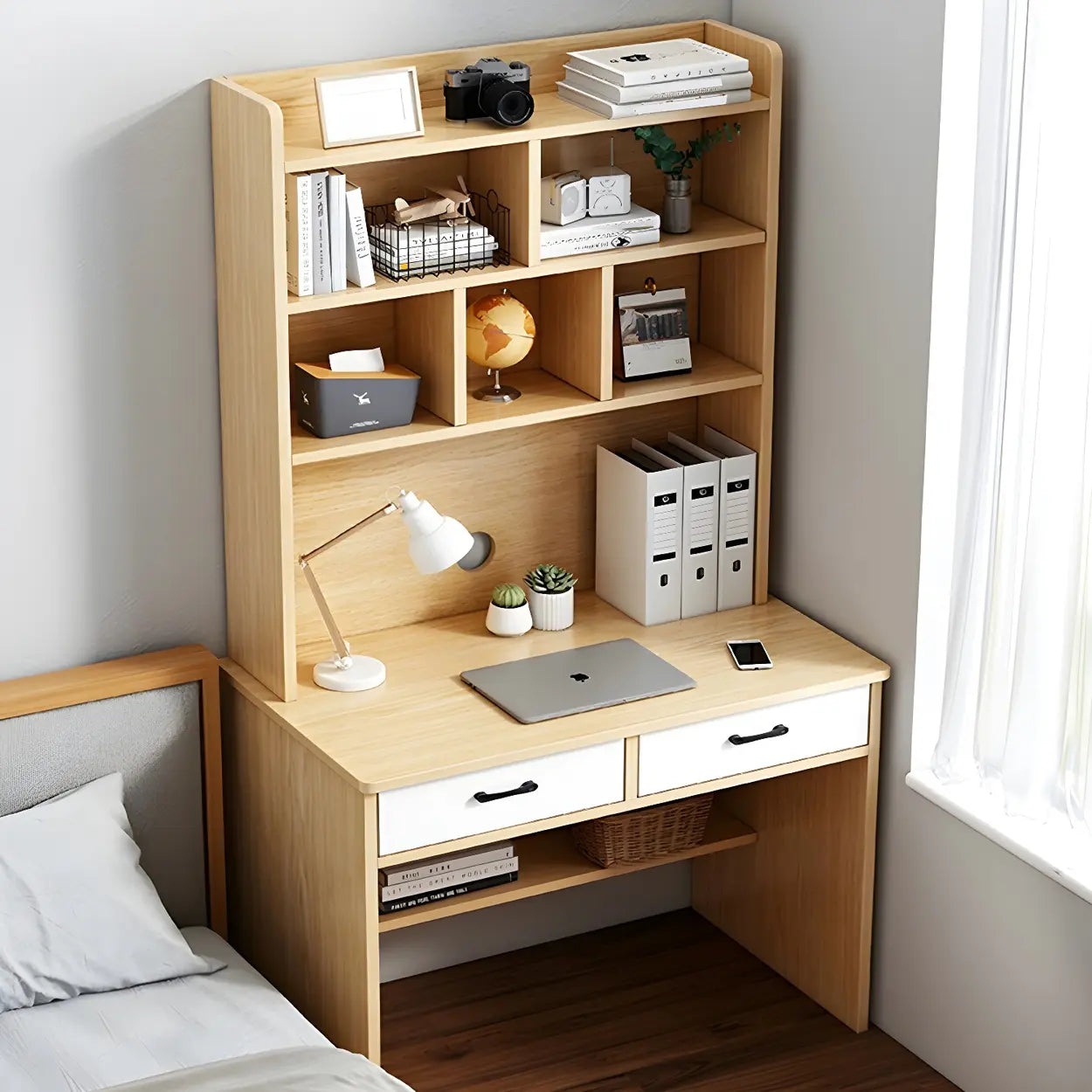 Small Wood Credenza Desk with H-Base and Hutch