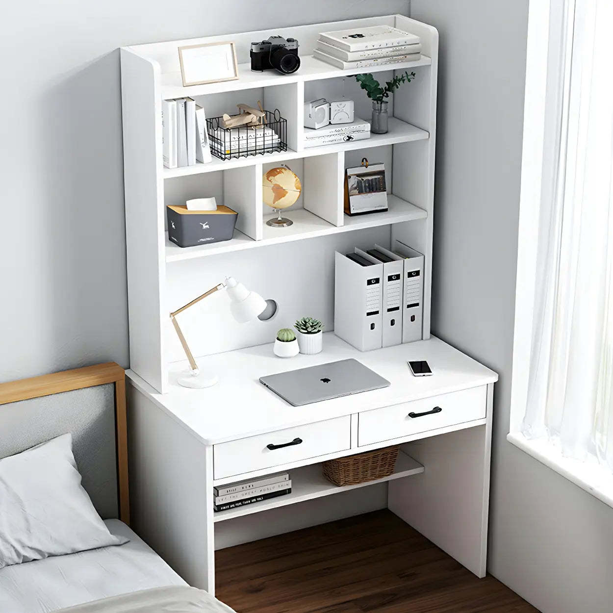 Small Wood H-Base Credenza Desk with Hutch — White / Table Only