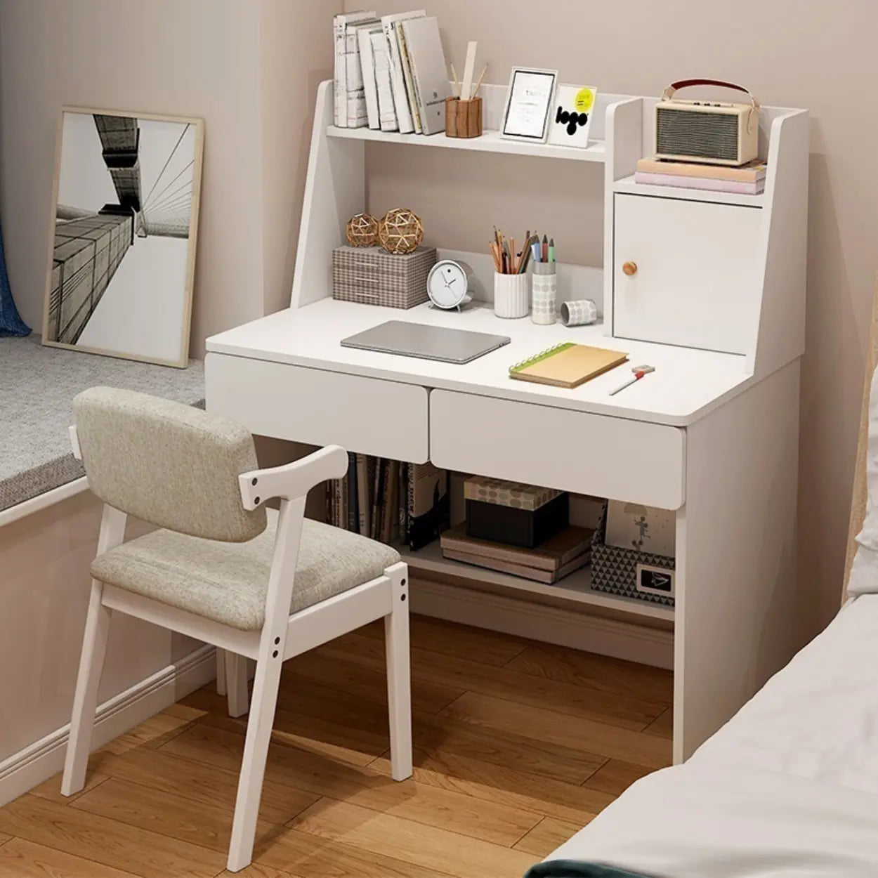 Small Wood Sled-Base Credenza Desk with Hutch