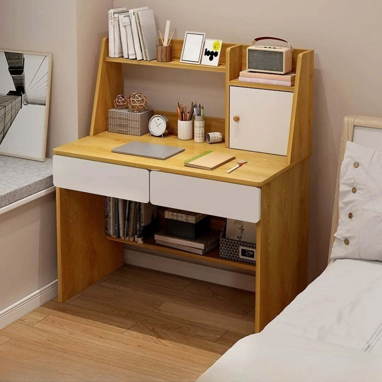 Small Wood Sled-Base Credenza Desk with Hutch — White / Table Only