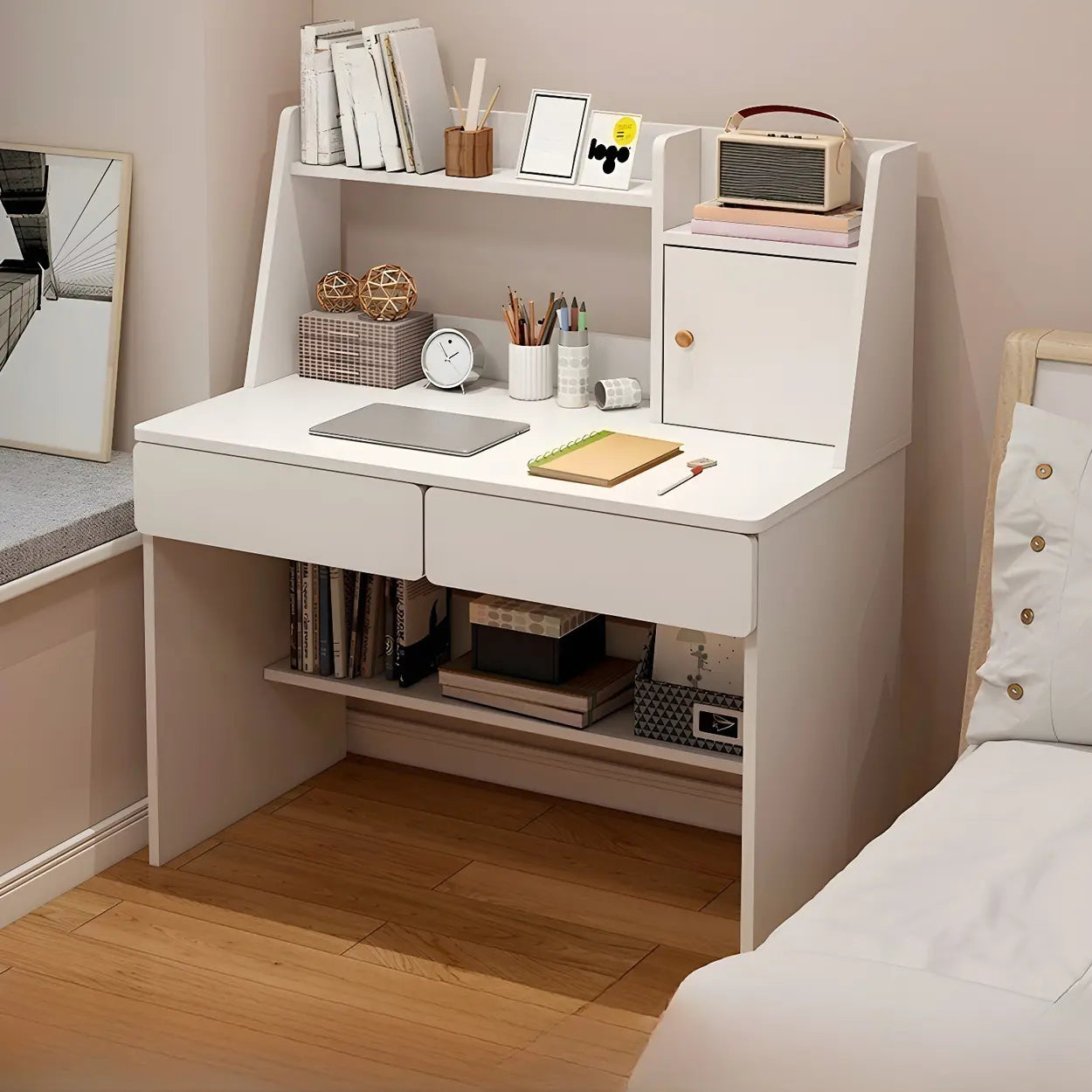Small Wood Sled-Base Credenza Desk with Hutch