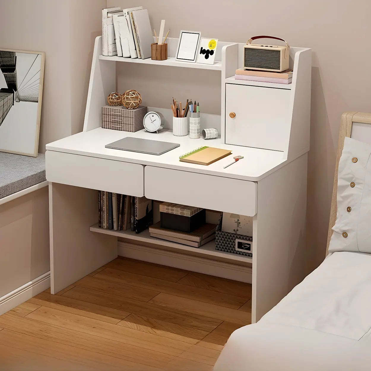 Small Wood Sled-Base Credenza Desk with Hutch