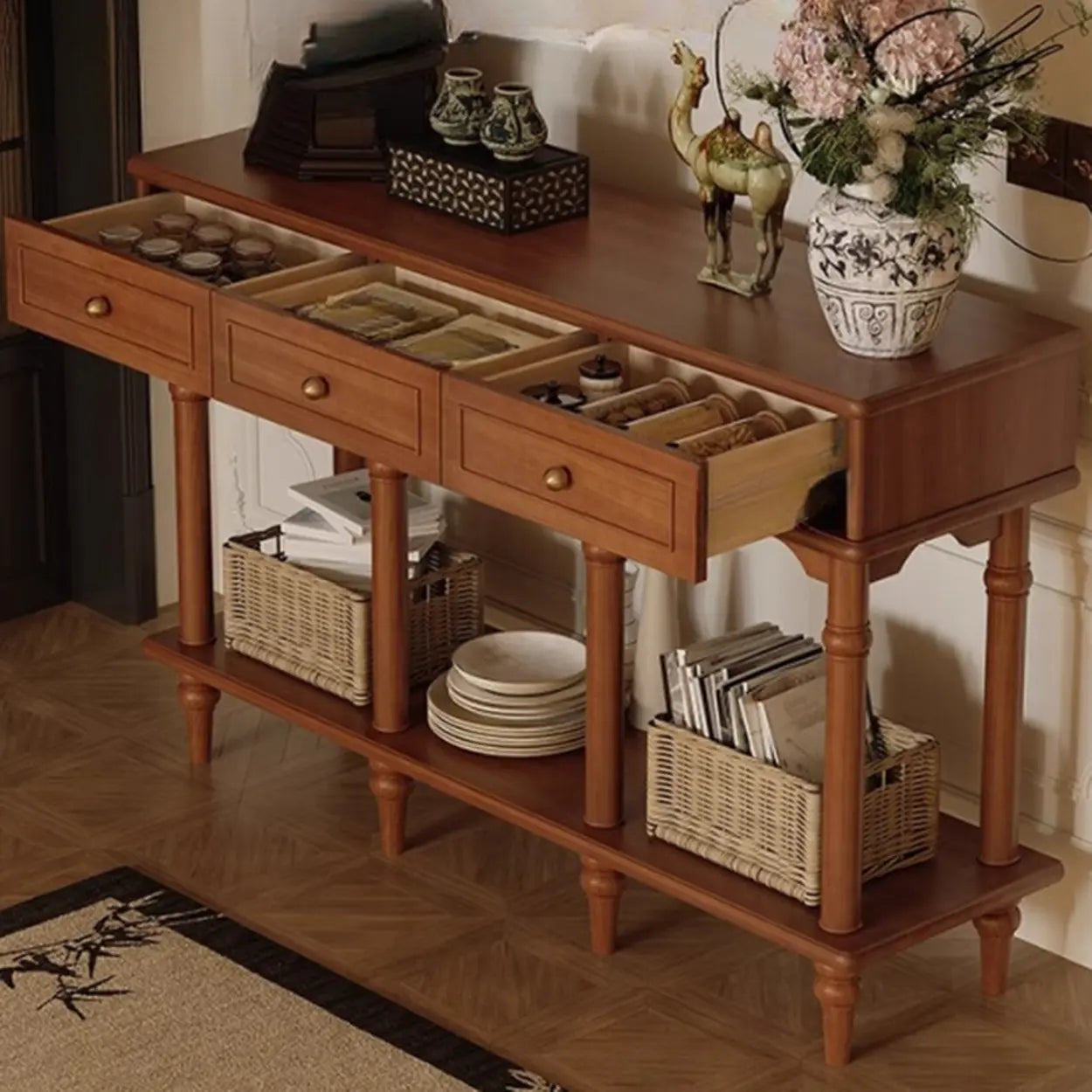 Soft-Close Wood Rectangular Brown Console Table