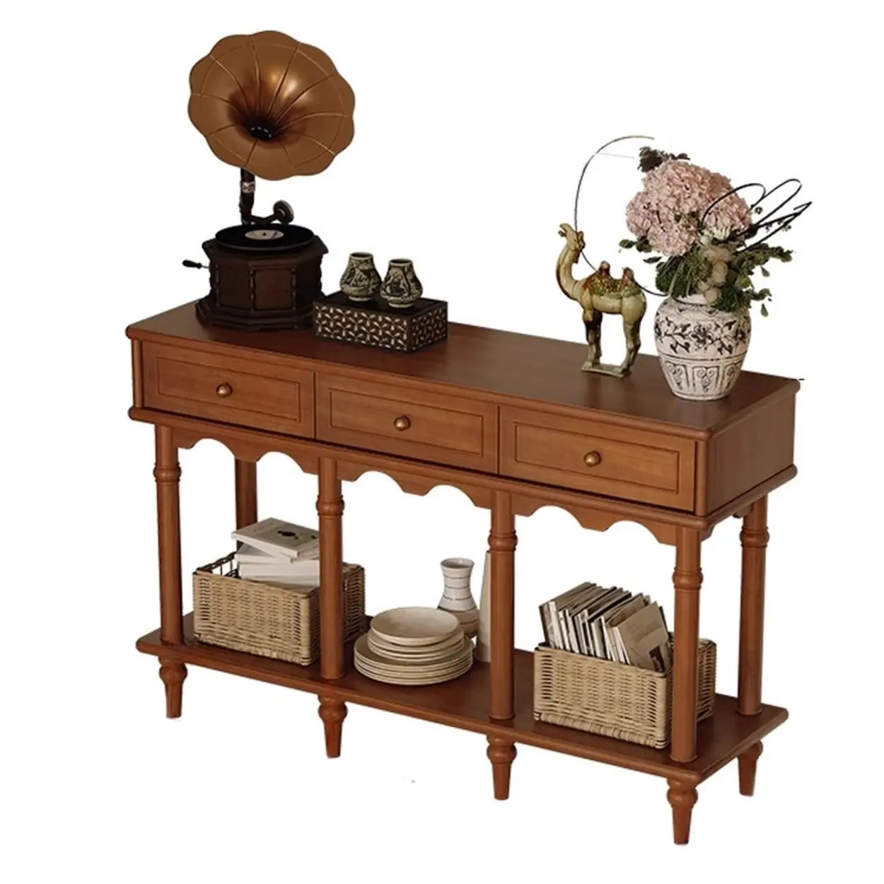 Soft-Close Wood Rectangular Brown Console Table