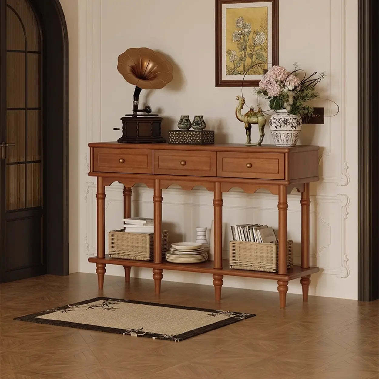 Soft-Close Wood Rectangular Brown Console Table