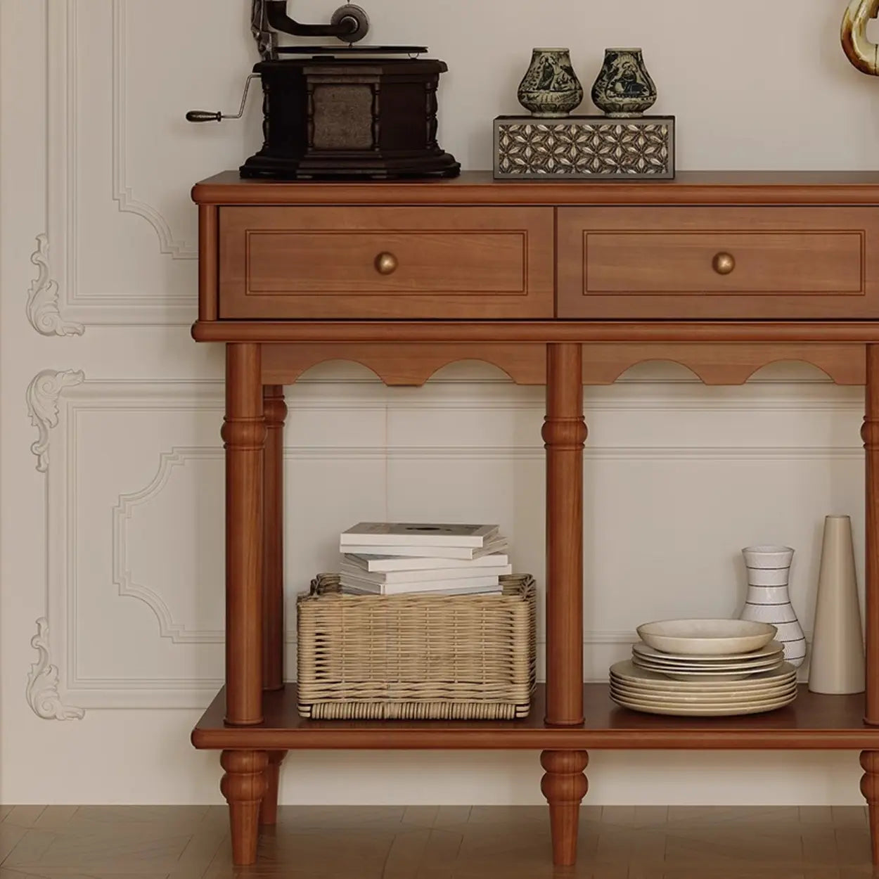 Soft-Close Wood Rectangular Brown Console Table