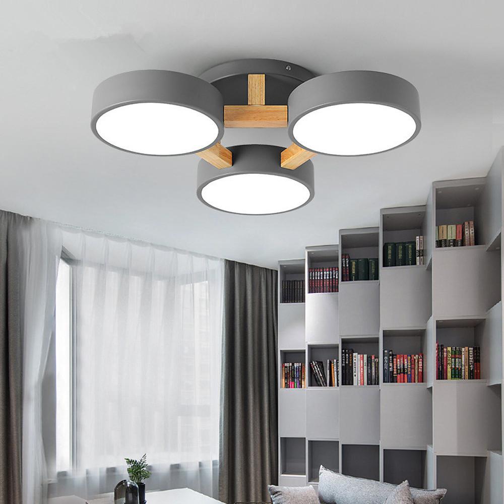 Three-Circle Metal Wood Bamboo LED Flush Mount Light