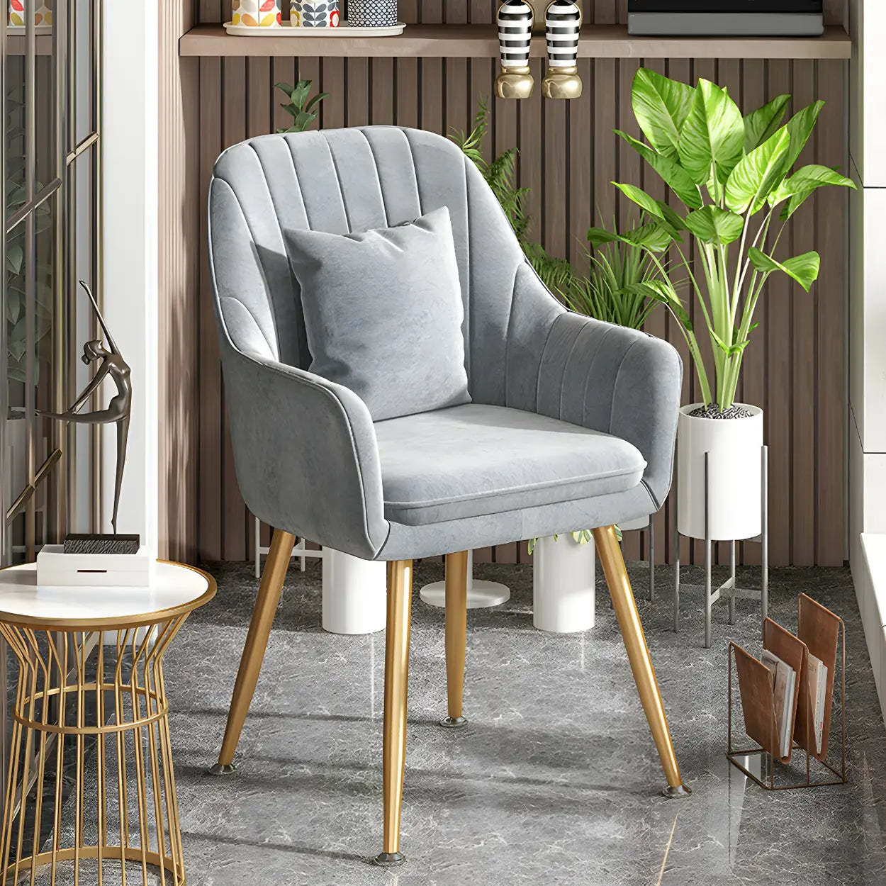 Solid-Back Metal-Leg Upholstered Dining Arm Chair