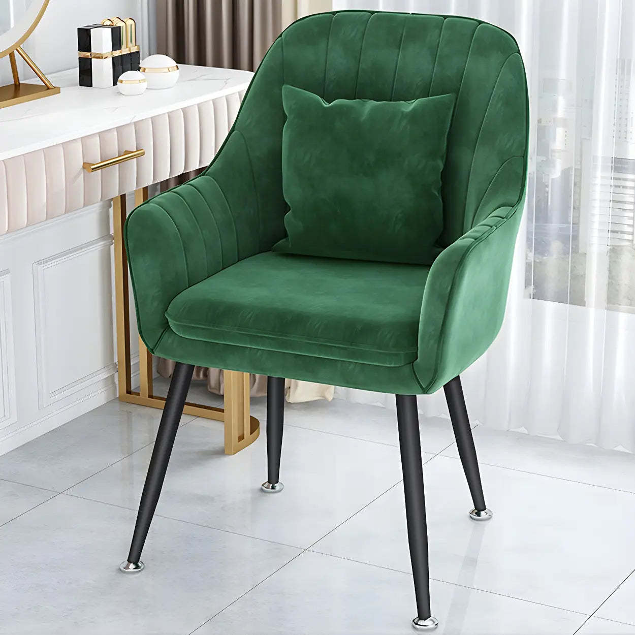 Solid-Back Metal-Leg Upholstered Dining Arm Chair — 1 Piece / Lake Blue / Brass/ Gold
