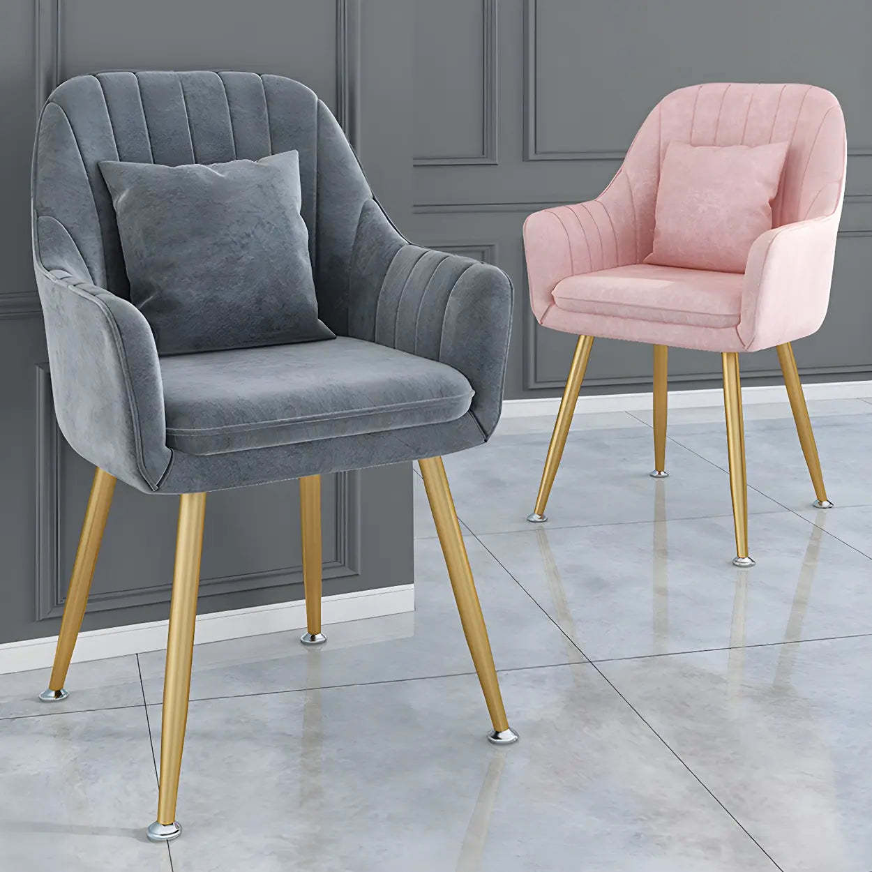 Solid-Back Metal-Leg Upholstered Dining Arm Chair — 1 Piece / Ocean Blue / Brass/ Gold