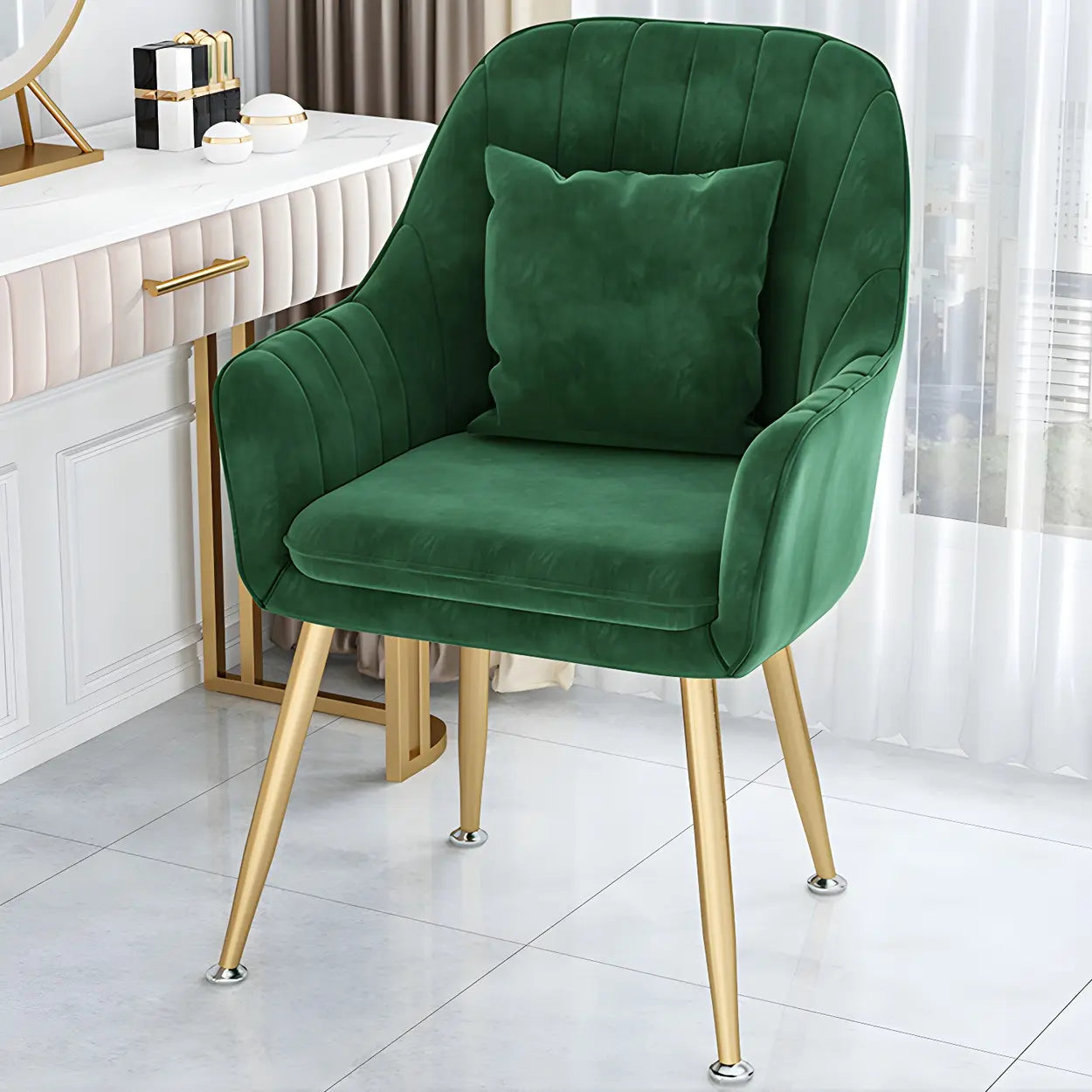 Solid-Back Metal-Leg Upholstered Dining Arm Chair — 1 Piece / Green / Brass/ Gold