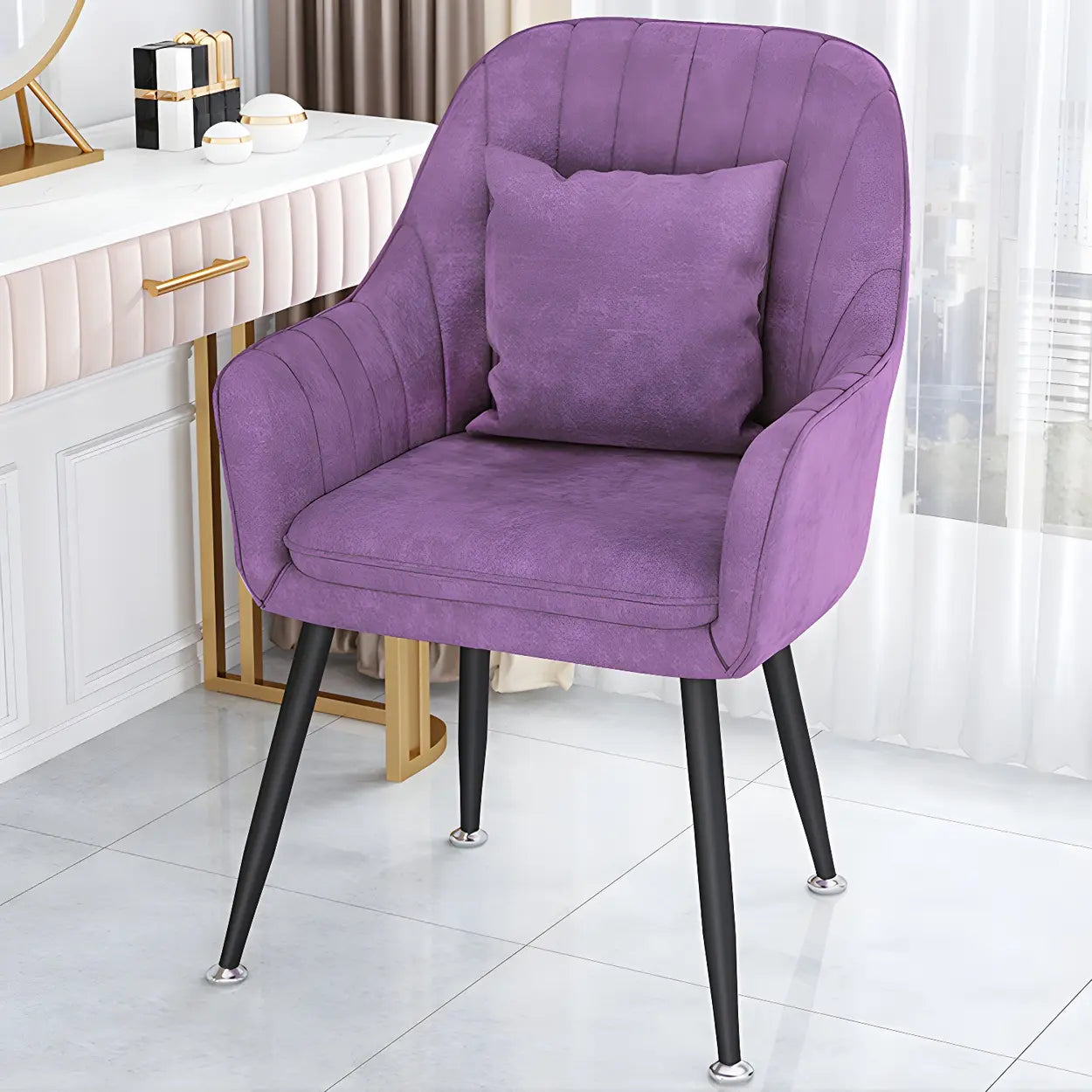 Solid-Back Metal-Leg Upholstered Dining Arm Chair — 1 Piece / Grey / Black