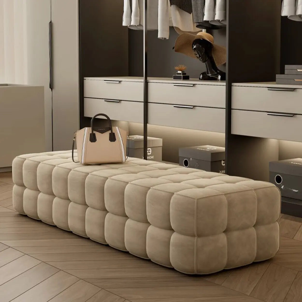 Solid Beige Upholstered Short Bedroom Bench — Beige
