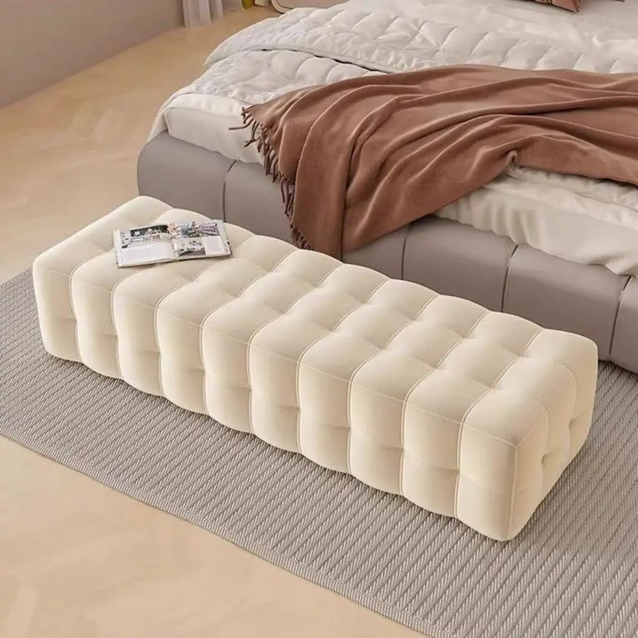 Solid Beige Upholstered Short Bedroom Bench — Beige