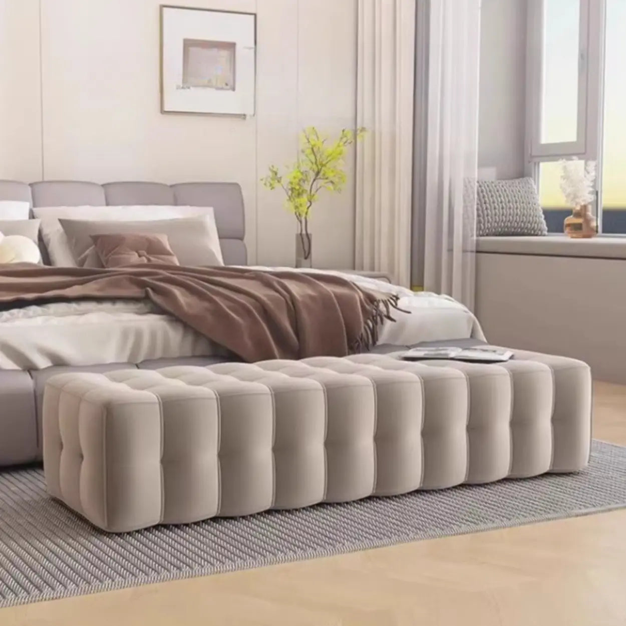 Solid Beige Upholstered Short Bedroom Bench — Beige-Coffee