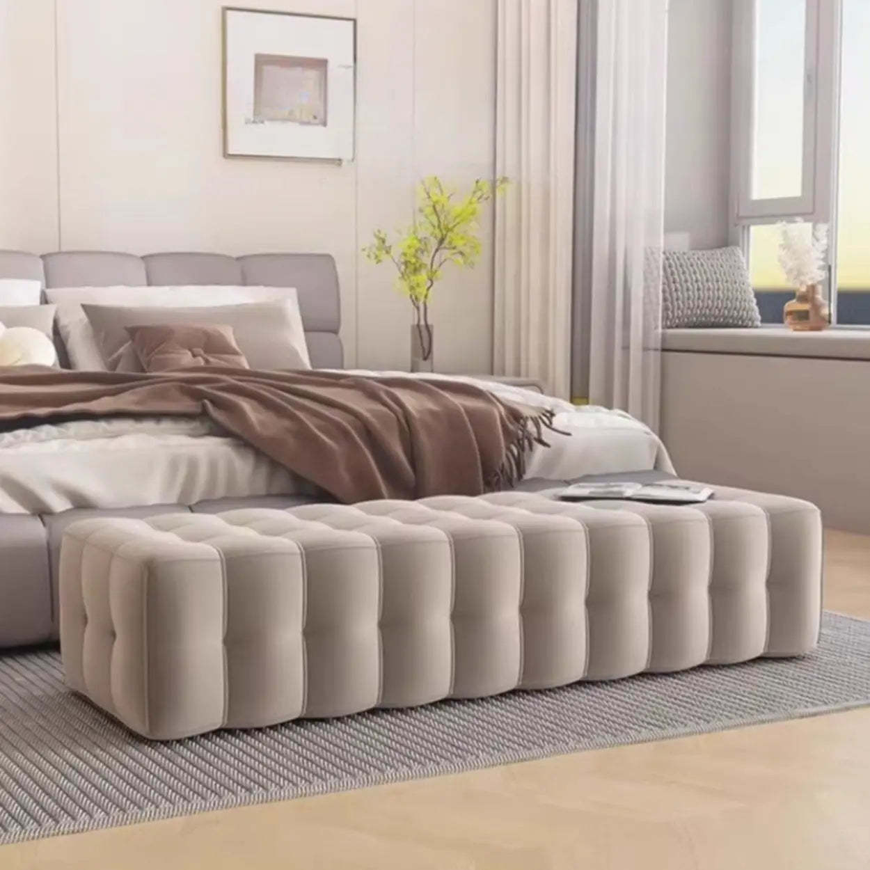Solid Beige Upholstered Short Bedroom Bench — Beige-Coffee