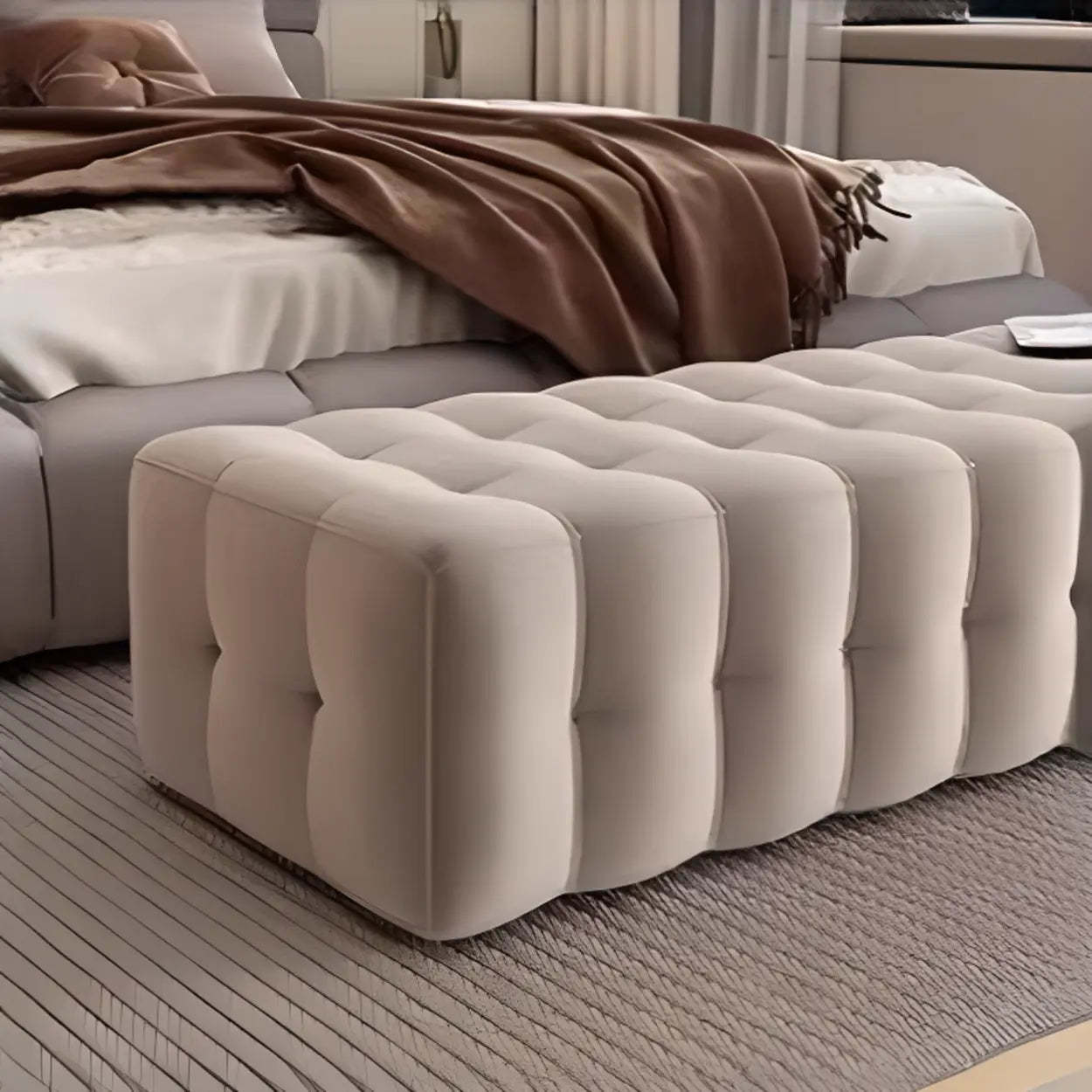 Solid Beige Upholstered Short Bedroom Bench — Beige