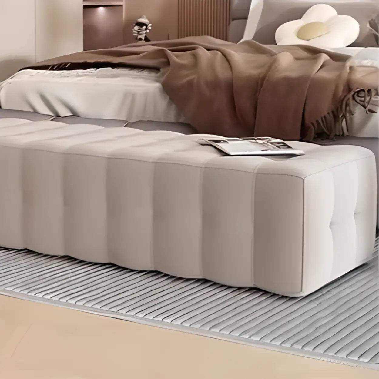 Solid Beige Upholstered Short Bedroom Bench — Beige-Coffee