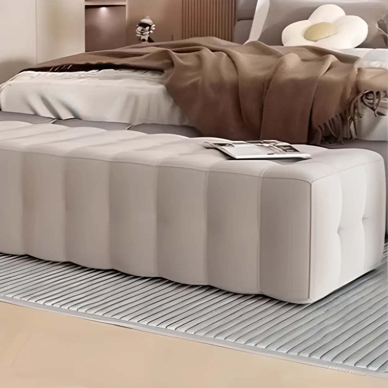 Solid Beige Upholstered Short Bedroom Bench — Beige-Coffee