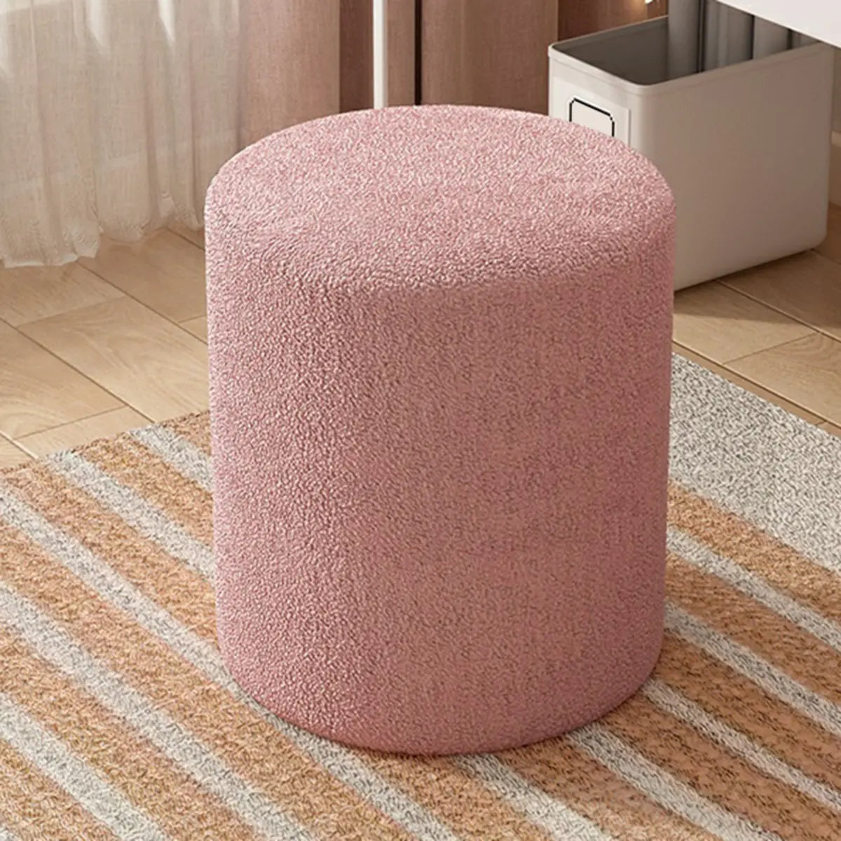 Light Pink Cylindrical Fabric Vanity Stool — Beige / 1 Piece