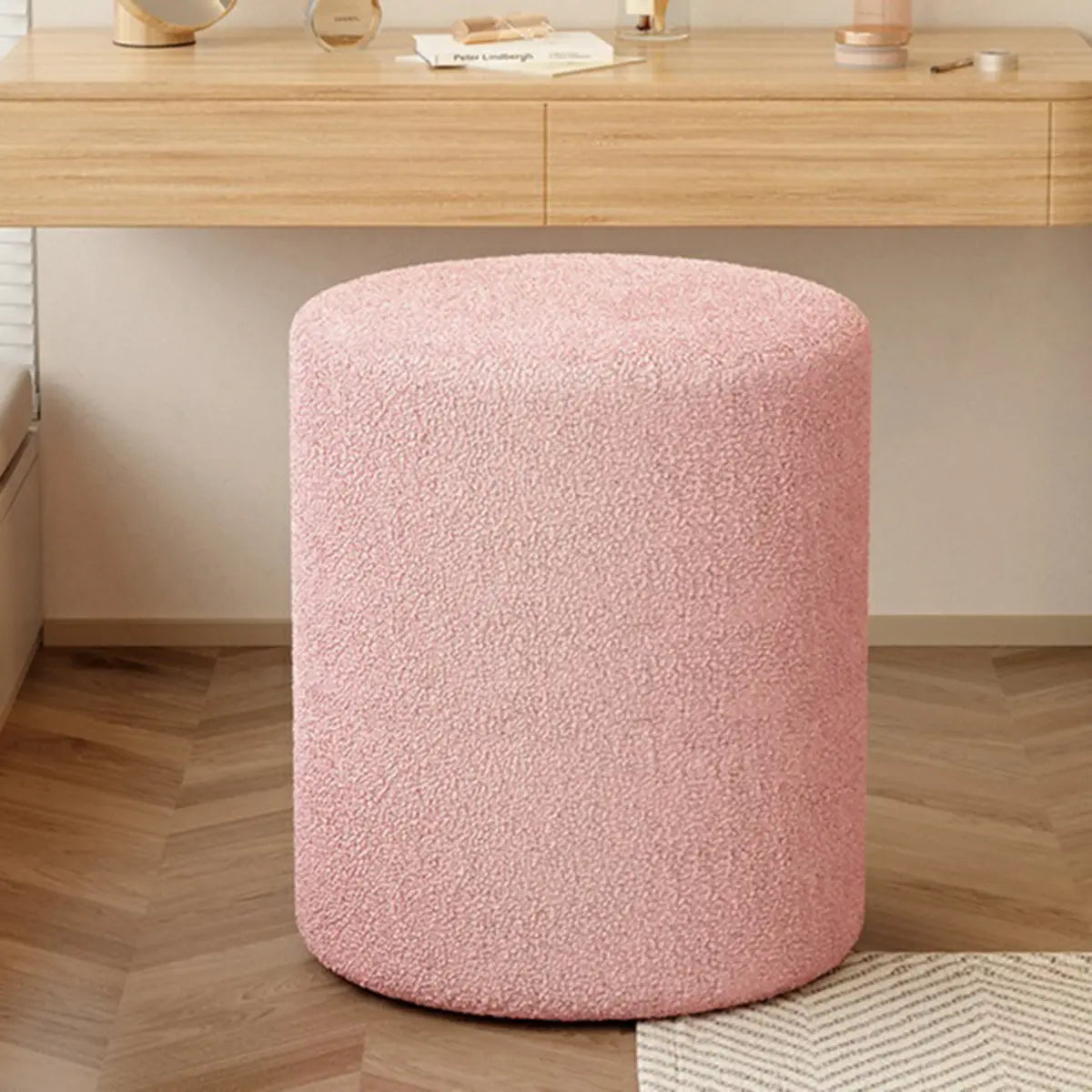 Light Pink Cylindrical Fabric Vanity Stool — Light Gray / 1 Piece
