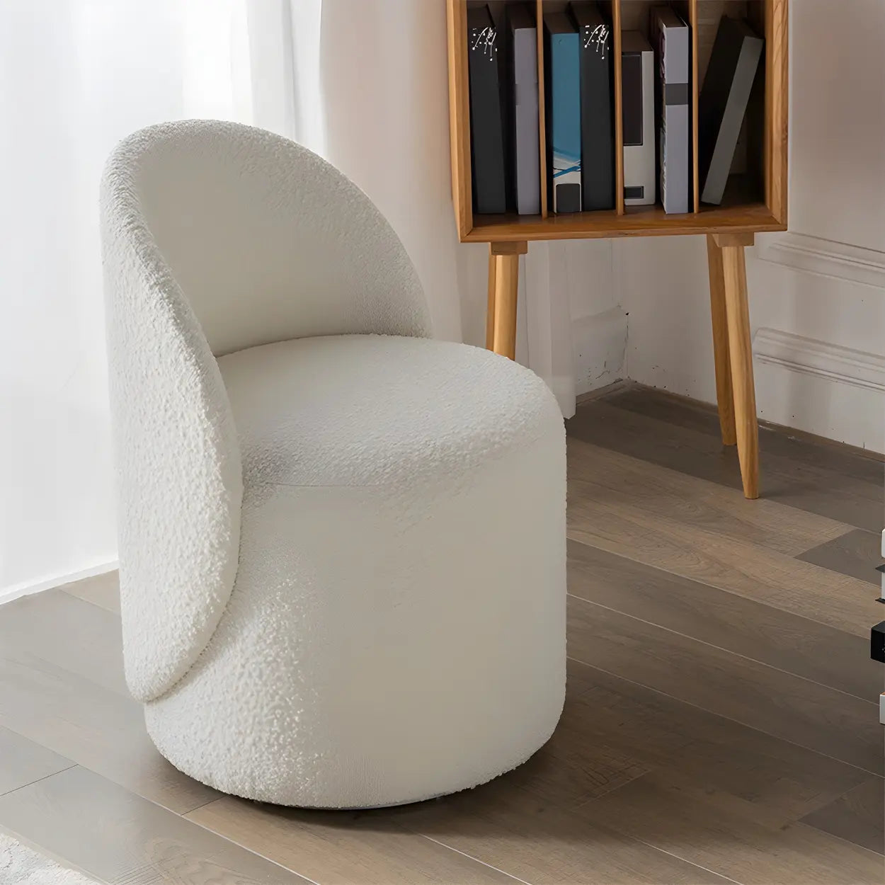 White Round Wool Vanity Stool with Backrest — Faux Leather / Swivel / 1 Piece