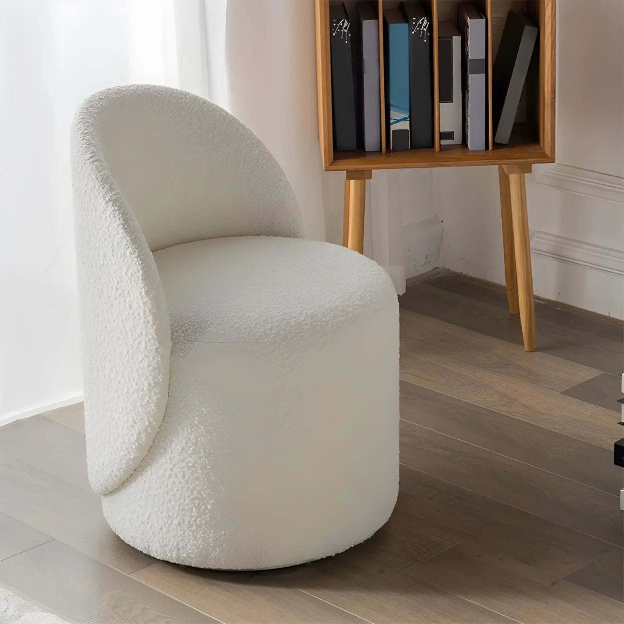 White Round Wool Vanity Stool with Backrest — Faux Leather / Swivel / 1 Piece