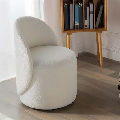 White Round Wool Vanity Stool with Backrest — Faux Leather / Swivel / 1 Piece