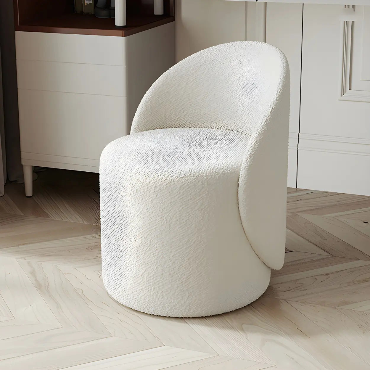 White Round Wool Vanity Stool with Backrest