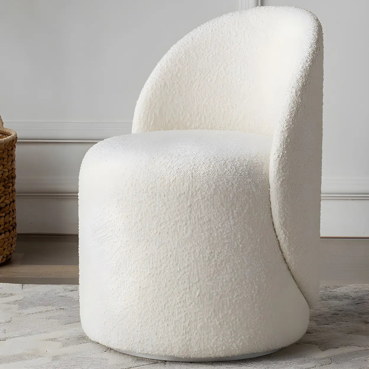 White Round Wool Vanity Stool with Backrest — Faux Leather / Fixed / 2 Piece Set