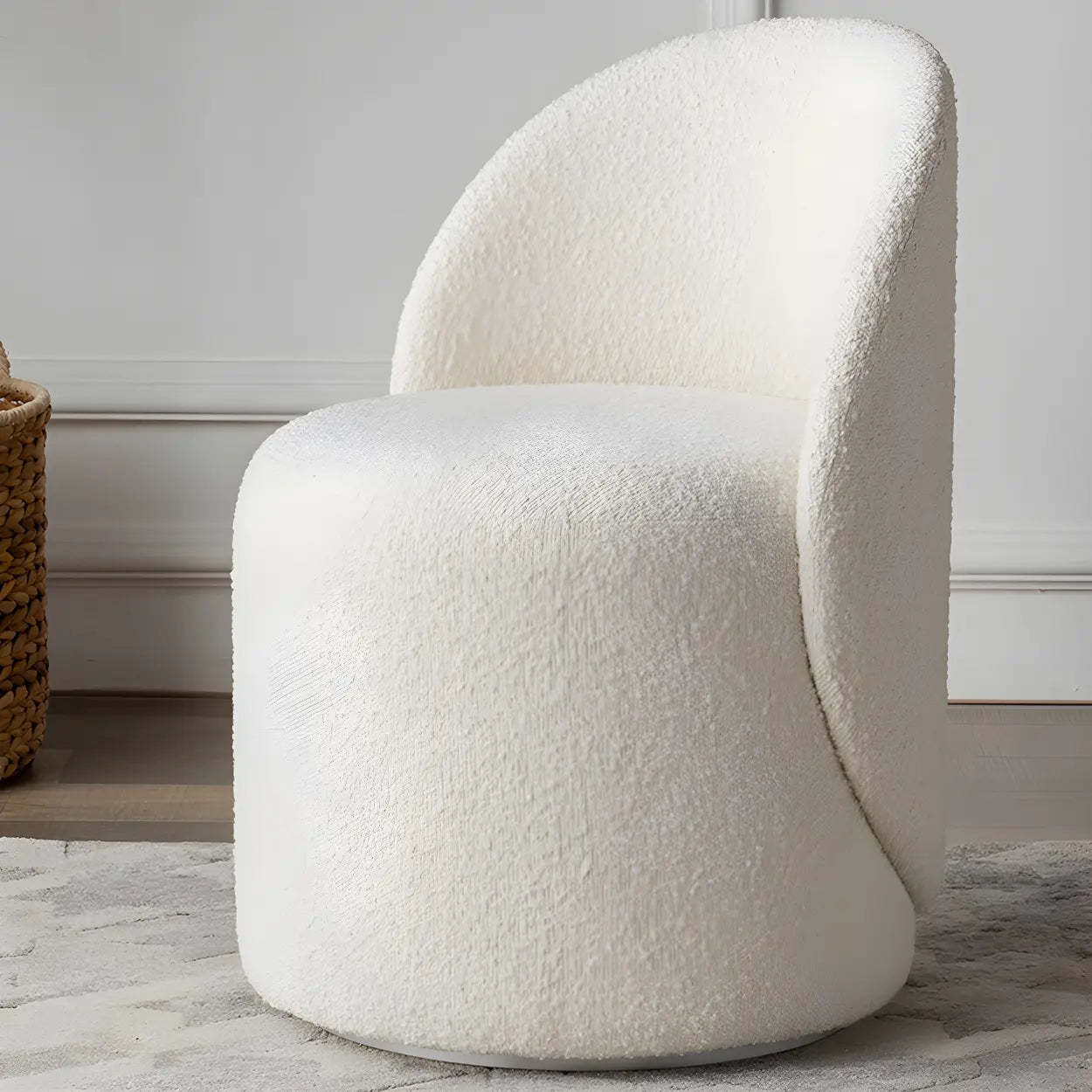 White Round Wool Vanity Stool with Backrest — Faux Leather / Fixed / 2 Piece Set