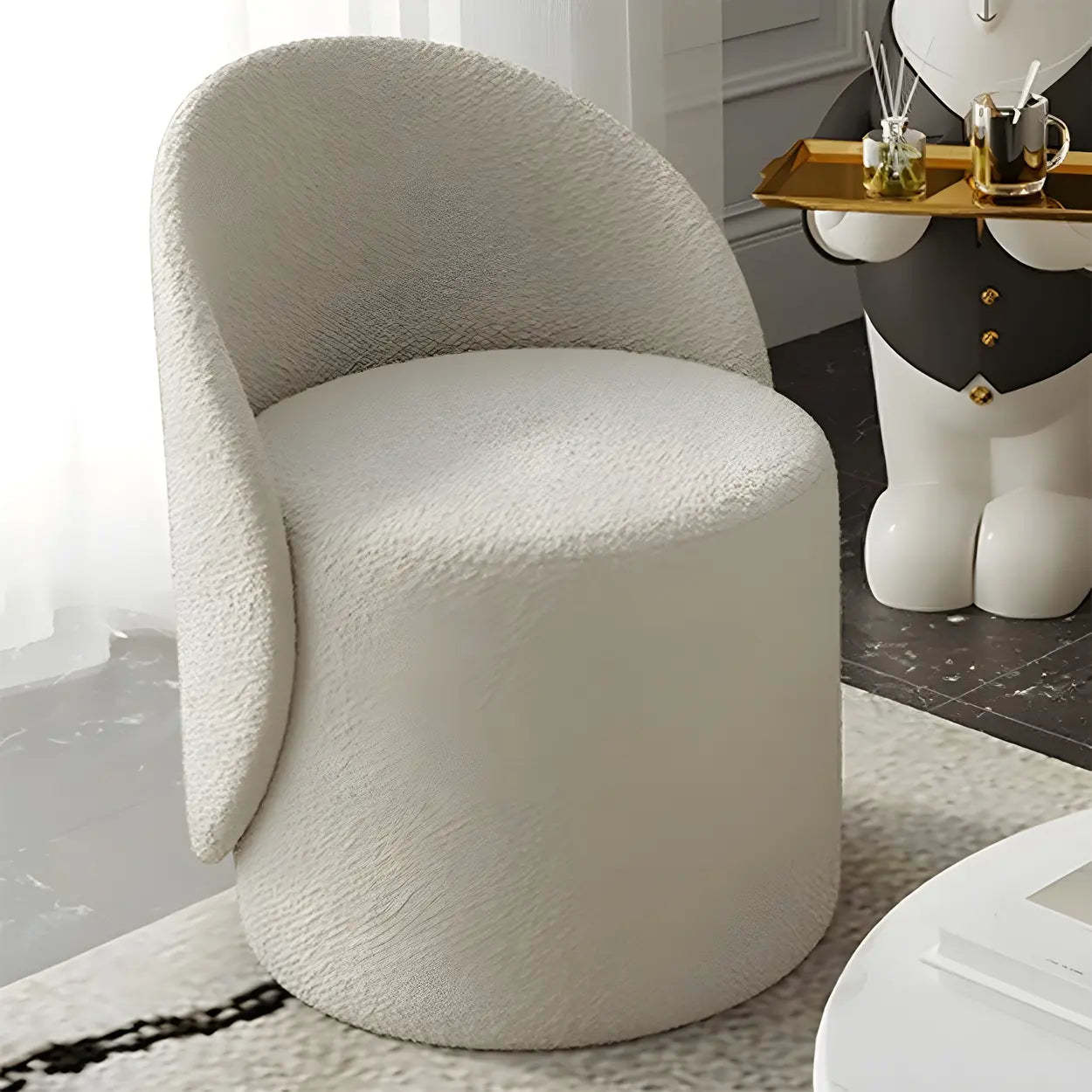 White Round Wool Vanity Stool with Backrest — Wool / Swivel / 2 Piece Set