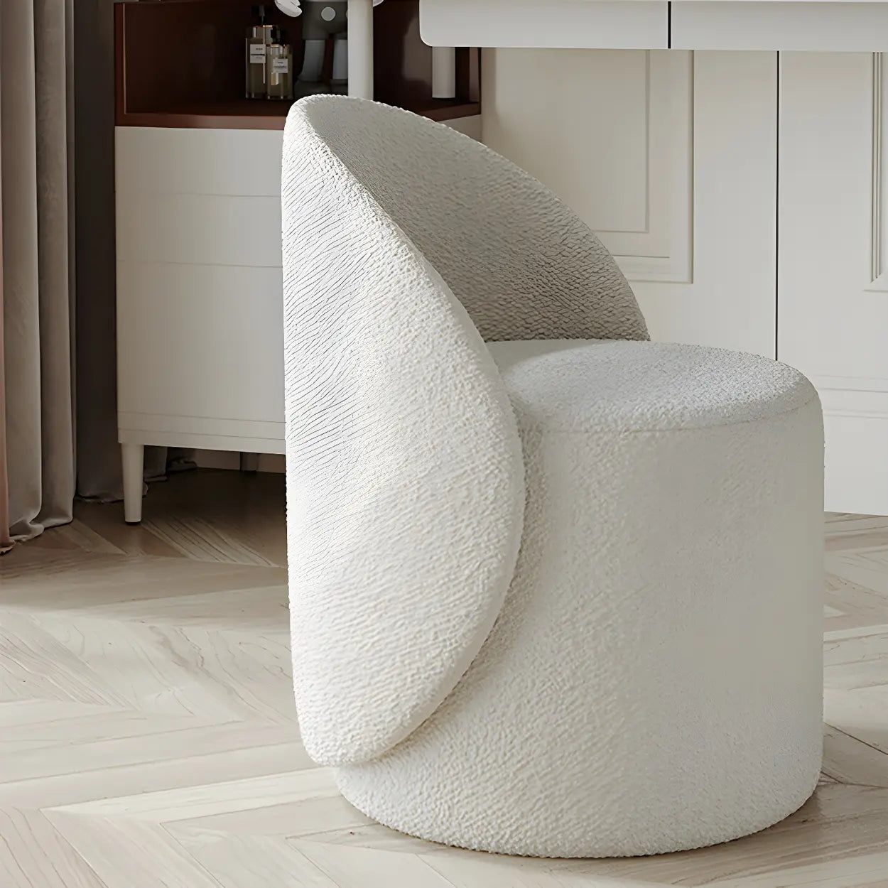 White Round Wool Vanity Stool with Backrest — Wool / Fixed / 2 Piece Set