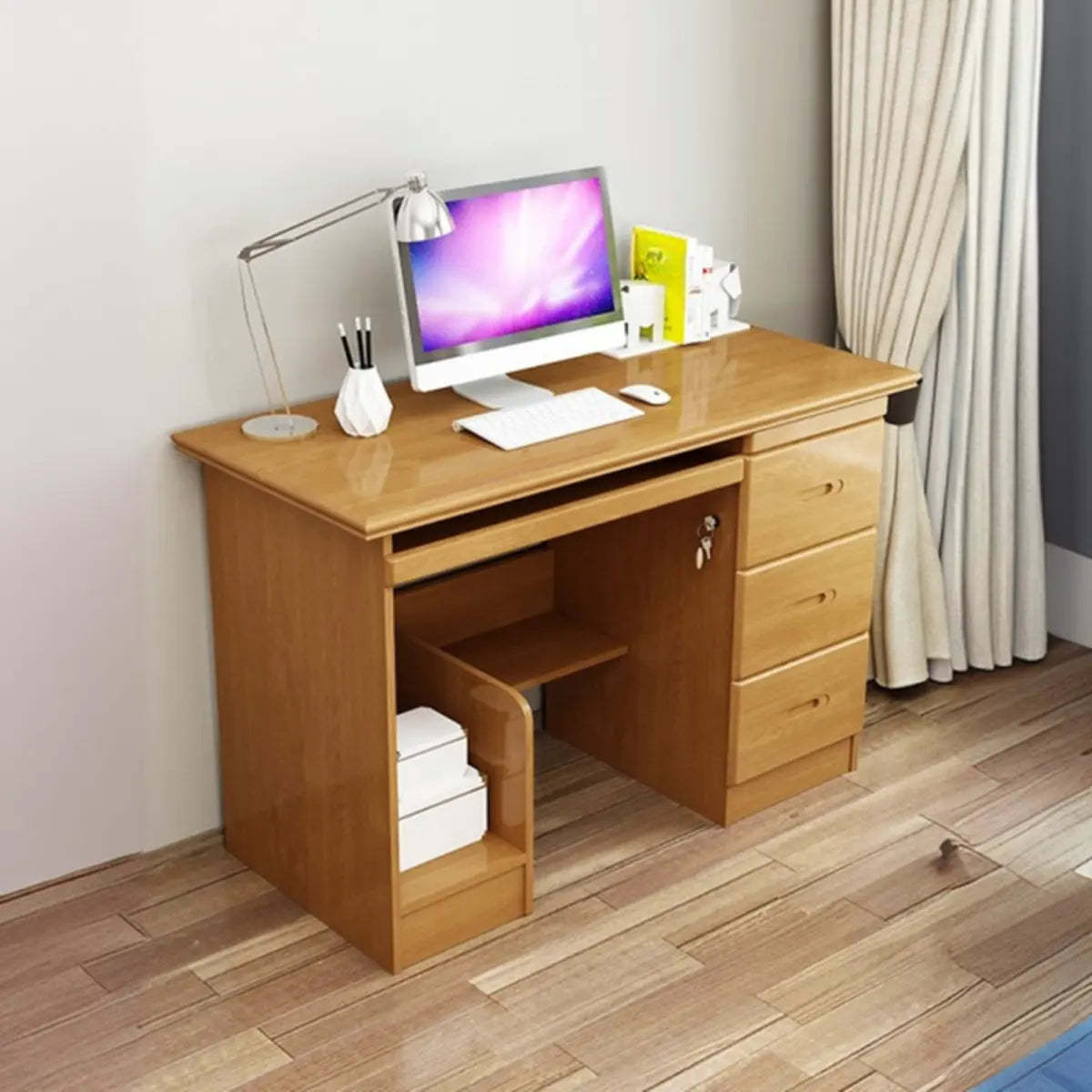Wood Locking Drawer Keyboard Tray Computer Desk — Natural Finish / Without Chairs