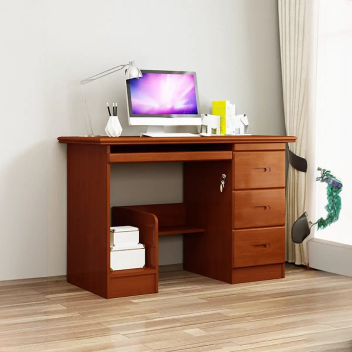 Wood Locking Drawer Keyboard Tray Computer Desk — Natural Finish / Without Chairs