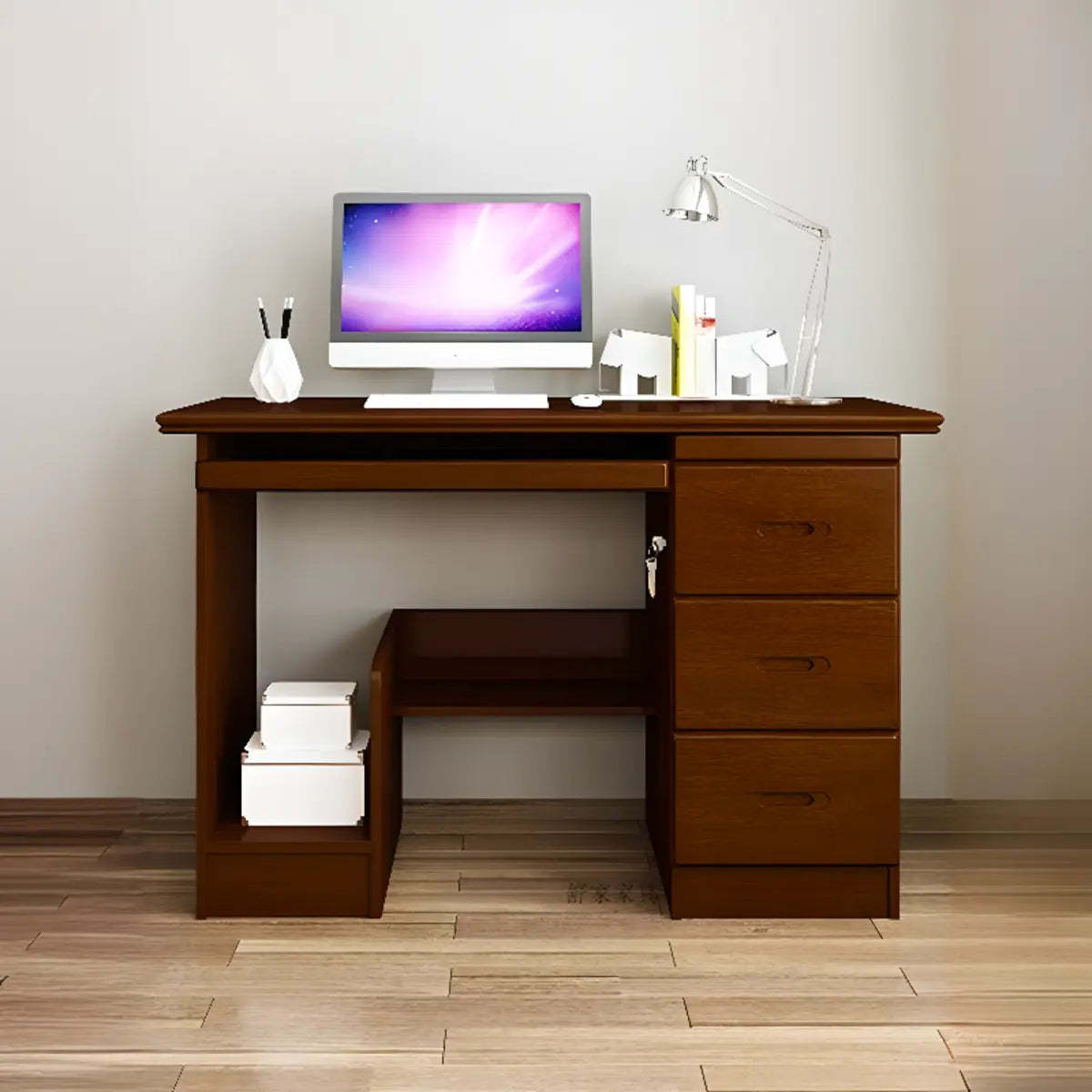 Wood Locking Drawer Keyboard Tray Computer Desk — Red Brown / Without Chairs