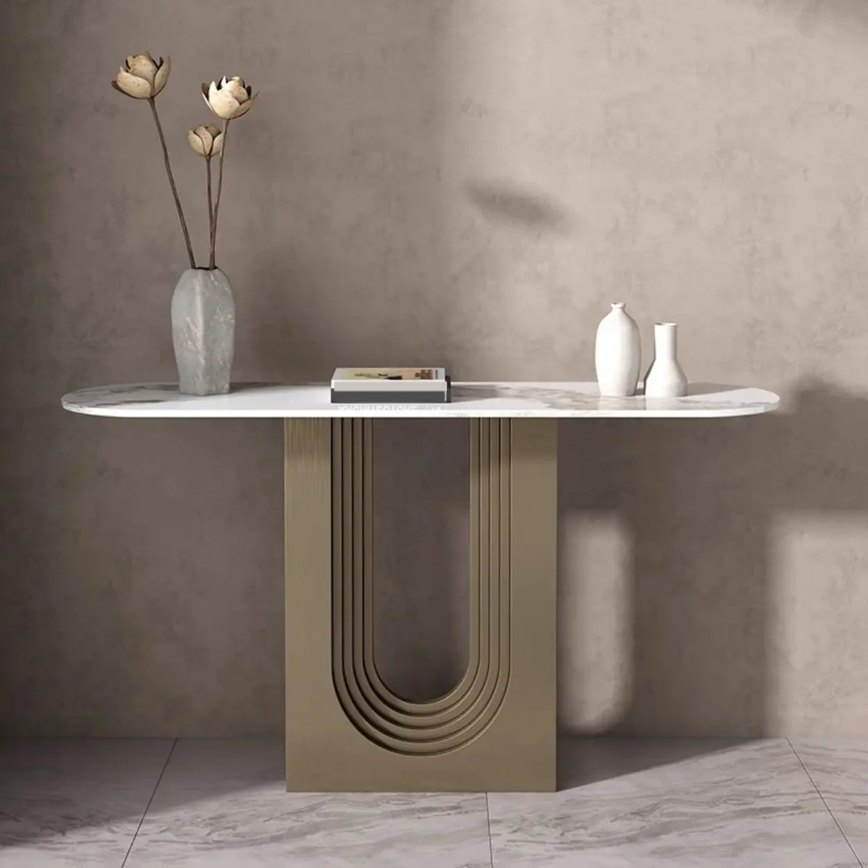 Sophisticated Abstract White Oval Marble Console — Black
