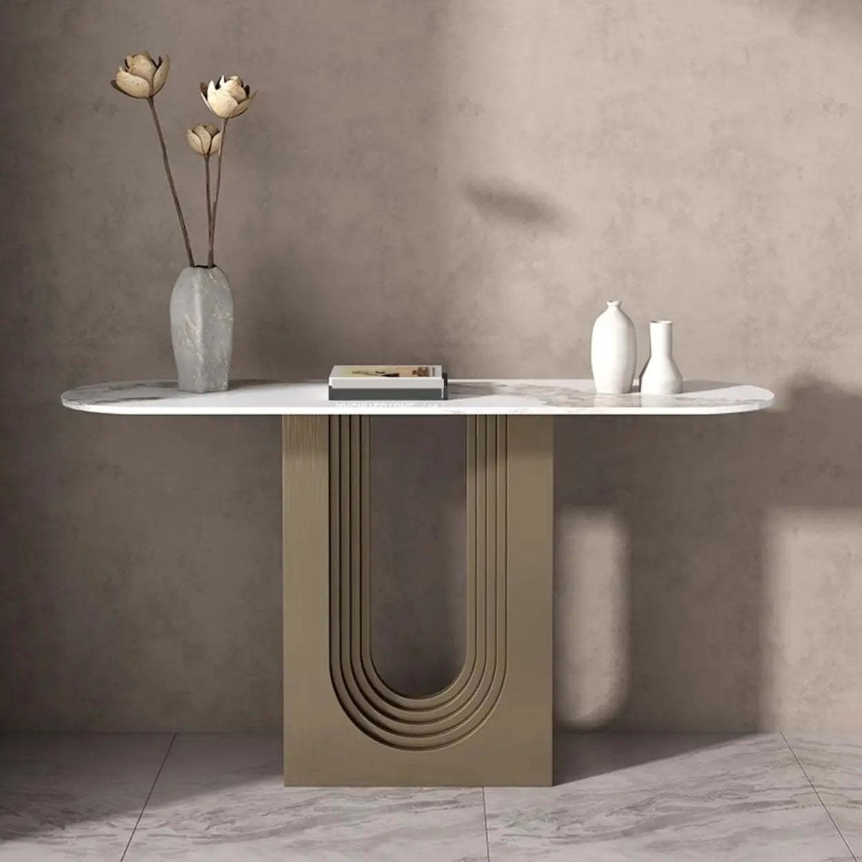 Sophisticated Abstract White Oval Marble Console — Black