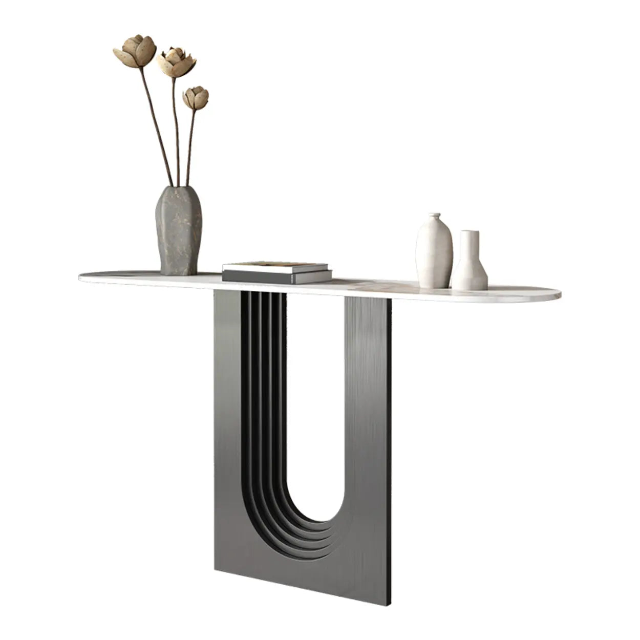 Sophisticated Abstract White Oval Marble Console — Black