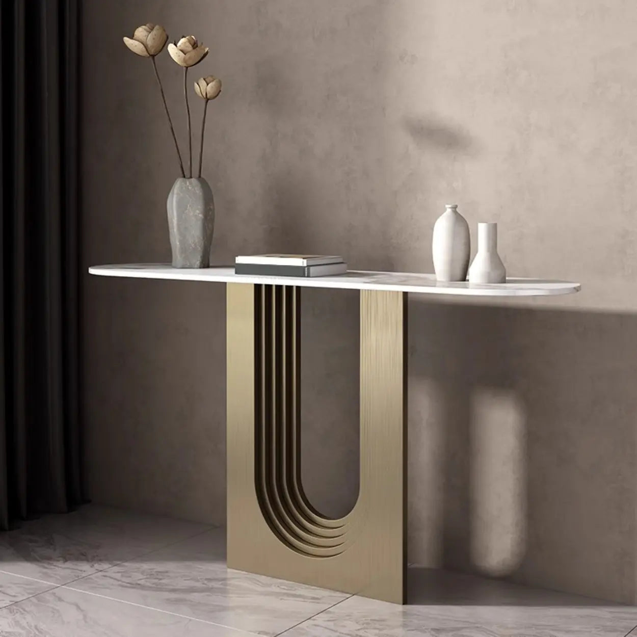 Sophisticated Abstract White Oval Marble Console — Black