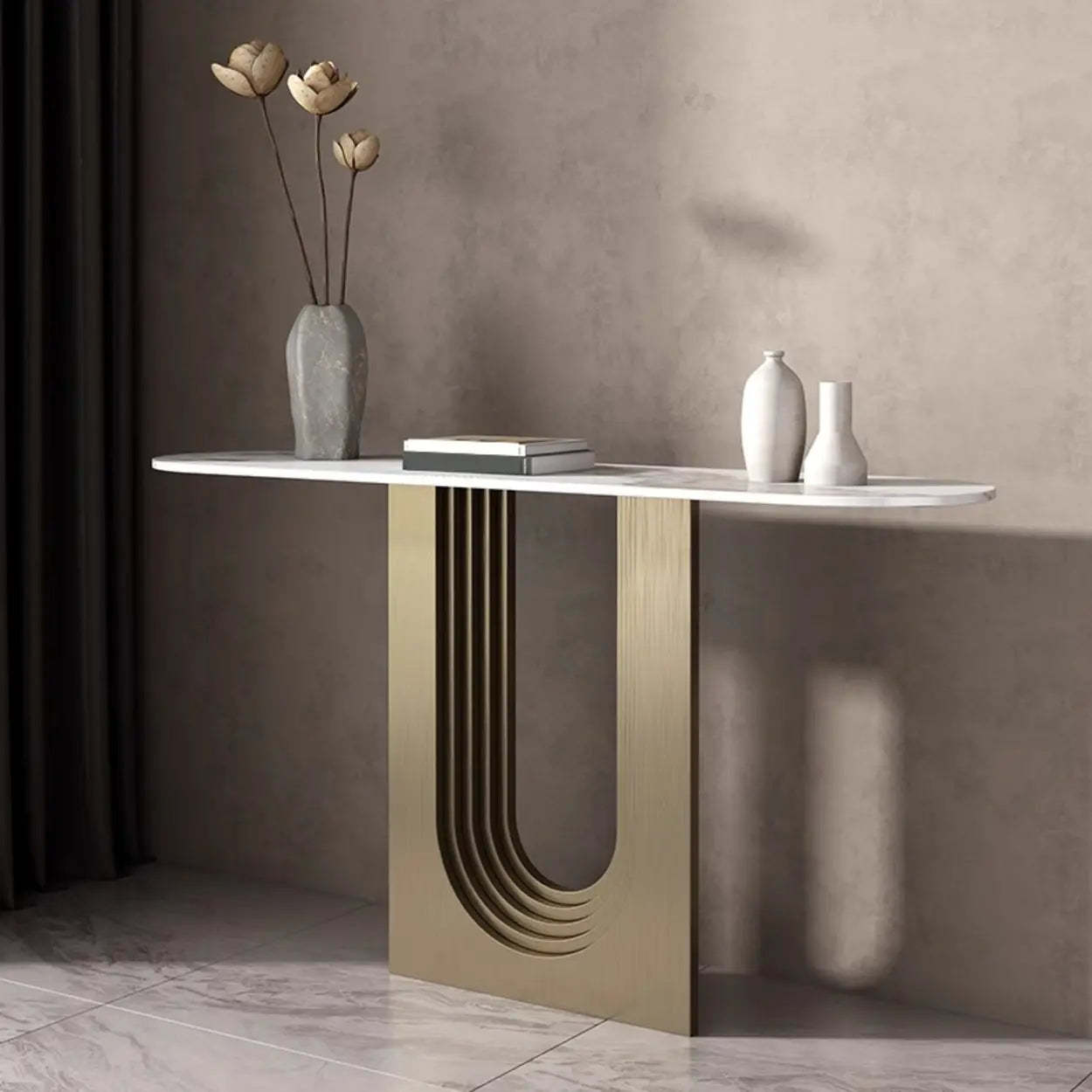 Sophisticated Abstract White Oval Marble Console — Black