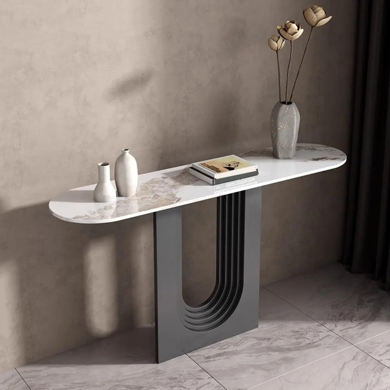 Sophisticated Abstract White Oval Marble Console — Black