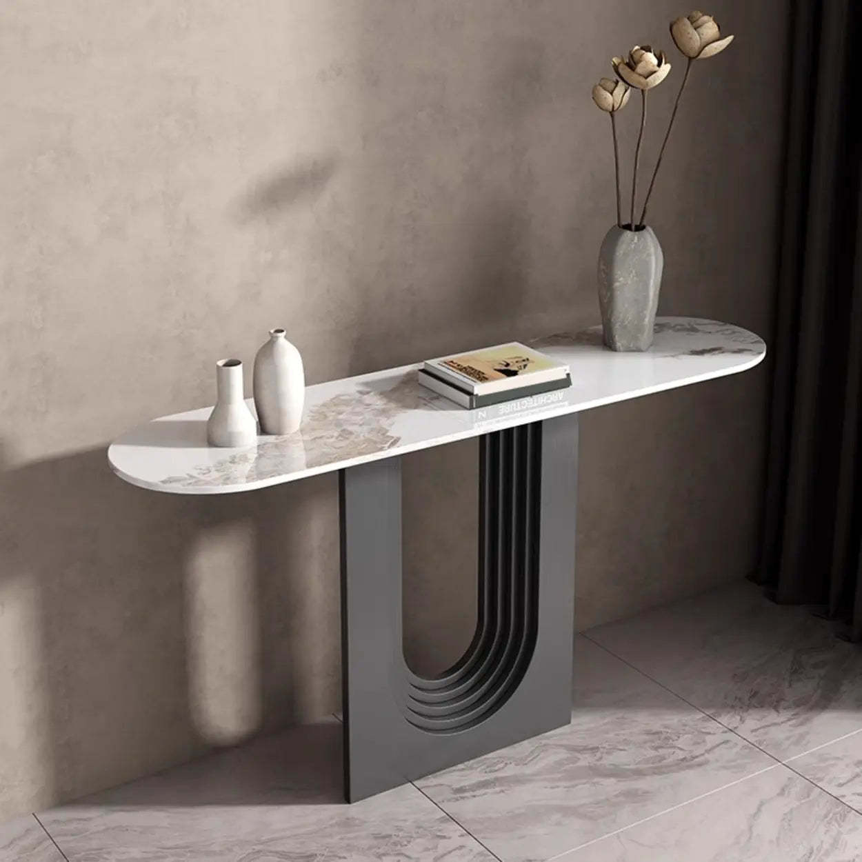 Sophisticated Abstract White Oval Marble Console — Black