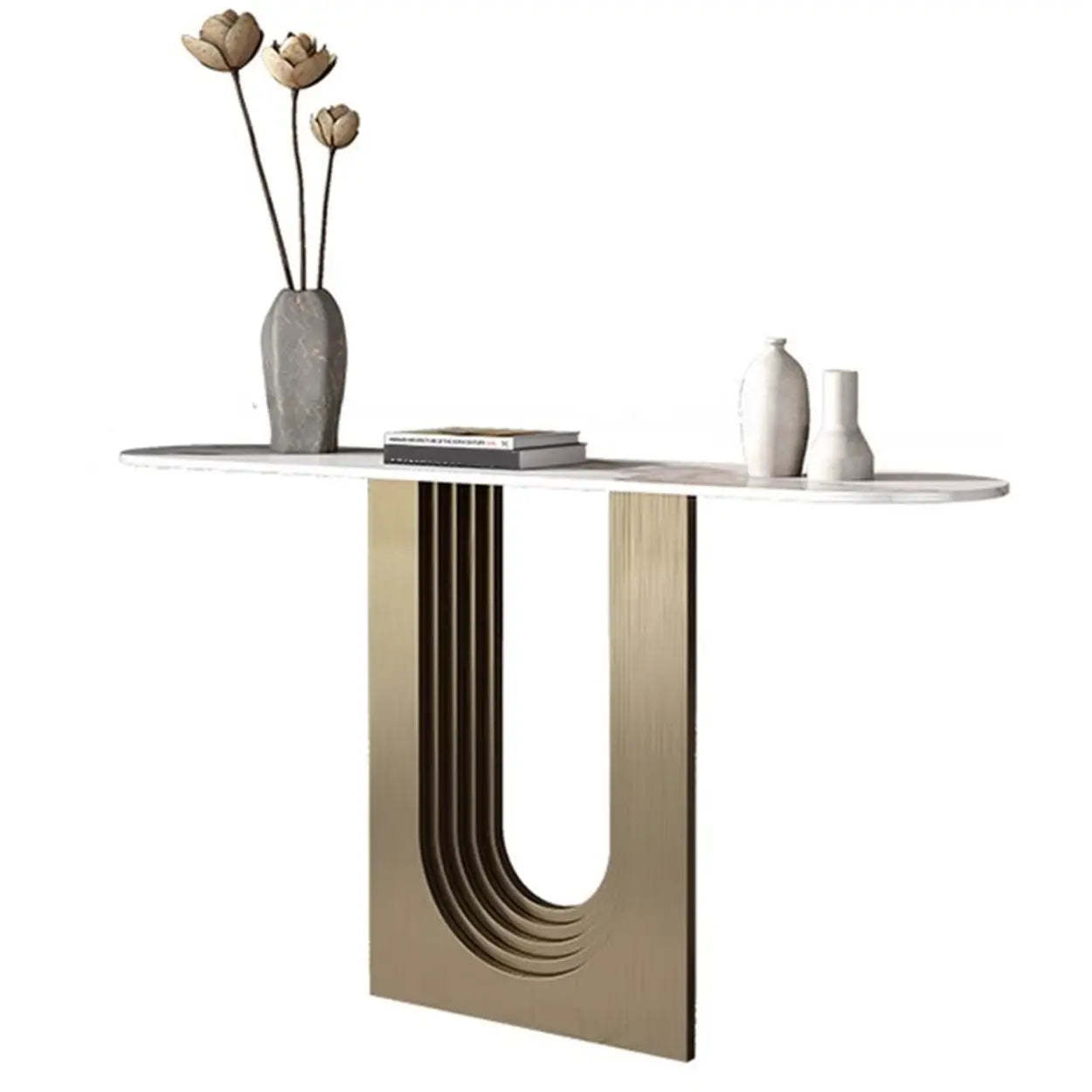 Sophisticated Abstract White Oval Marble Console — Gold