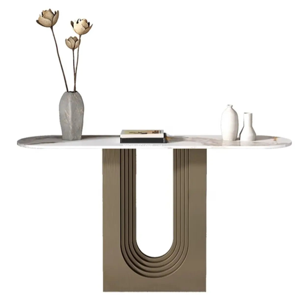 Sophisticated Abstract White Oval Marble Console — Gold