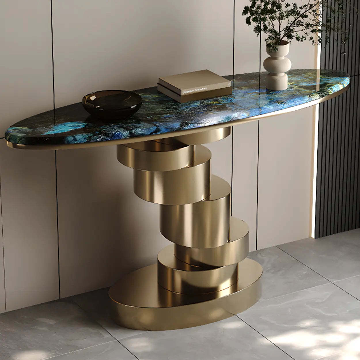 Sophisticated Oval Marble Gold Console Table — White